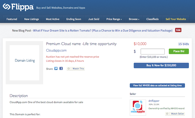cloudapp.com selling on Flippa